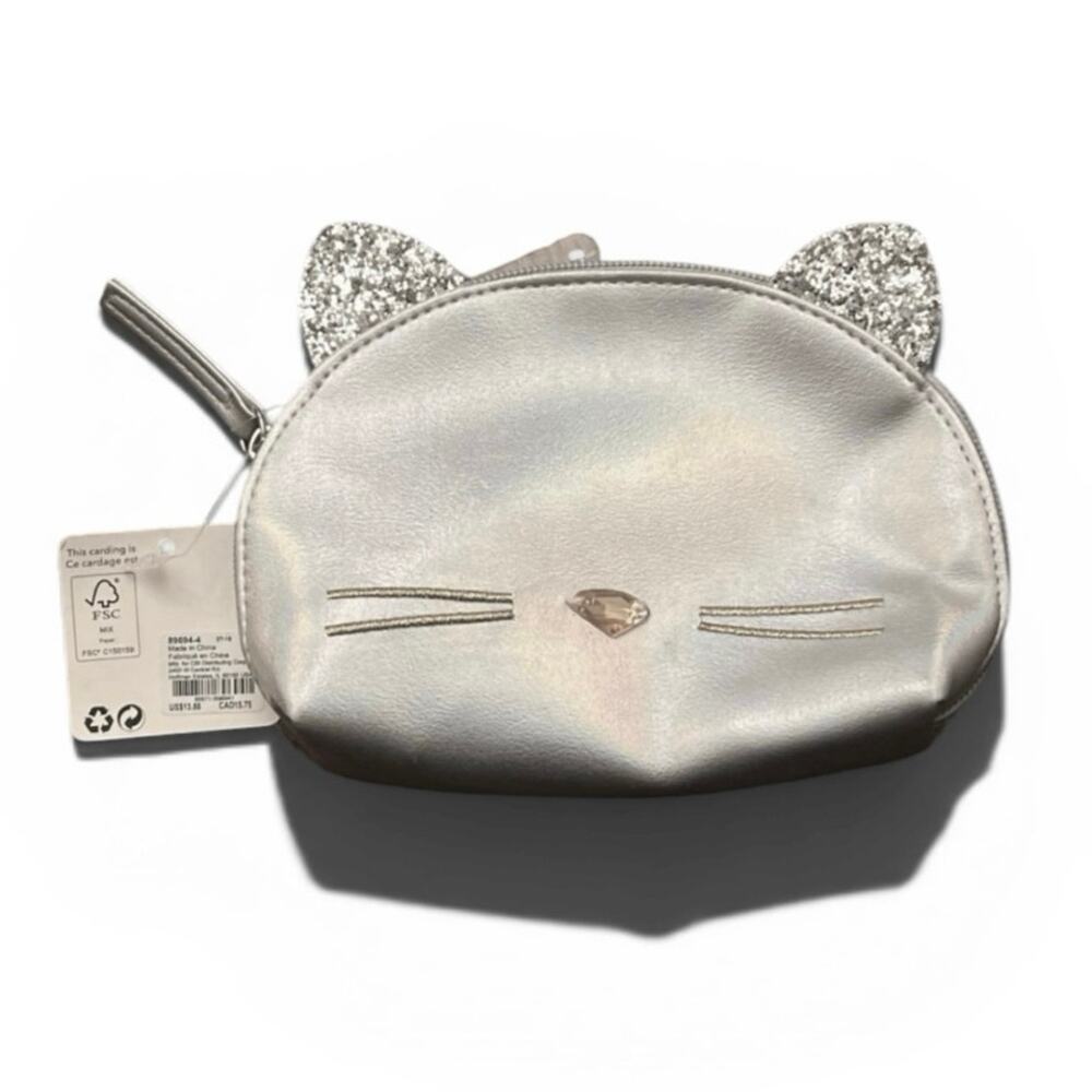 NWT Silver Iridescent Kitty Cat Makeup Bag Pouch Glitter Ears Cosmetic Case DIY